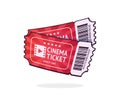 Two cinema tickets with barcode. Pair paper retro coupons for movie entry. Symbol of the film industry