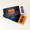 Two cinema tickets isolated on white background. Pair movie entrance ticket. Realistic 3D template set for Cinema, Theatre,