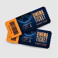 Two cinema tickets isolated on white background. Pair movie entrance ticket. Realistic template set for Cinema, Theatre