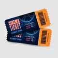 Two cinema tickets isolated on white background. Pair movie entrance ticket. Realistic template set for Cinema, Theatre