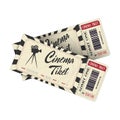 Two cinema tickets isolated on white background. Retro pair movie entrance ticket. Realistic template set for Cinema, Theatre,