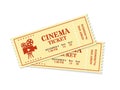 Two cinema tickets, realistic movie ticket mockup. Old vintage movies show entrance pass, film festival admission coupon Royalty Free Stock Photo