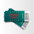 Two cinema vector tickets isolated on white background. Realistic front view illustration. Close up top view on two Royalty Free Stock Photo