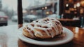 Two cinnamon rolls with icing on a plate in a cafe Royalty Free Stock Photo