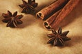 Two cinnamon sticks and three stars anise on paper background cl Royalty Free Stock Photo