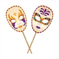 Two circle masks on stick for Mardi Gras masquerade in flat style. Royalty Free Stock Photo