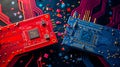 Detailed Red & Blue Circuit Boards with Electronic Components, Futuristic Tech Background Royalty Free Stock Photo