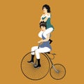 Two circus women on a retro bicycle in vintage costume vecto Royalty Free Stock Photo