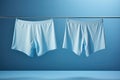 Two classic blue men\'s underpants on a hanger on a blue background