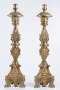 Two classic bronze chandelier on a white background, ancient candlesticks studio photo, antique candlesticks isolated, brass cande