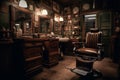 Two classic leather barber chairs facing each other, striped cloth around the neck. Old-style barber tools and razors on shelves.