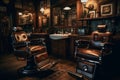 Two classic leather barber chairs facing each other, striped cloth around the neck. Old-style barber tools and razors on shelves.