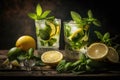 Two classic mojito cocktails on the table with lemons and mint. Generative AI