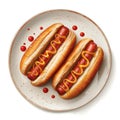 Two classic simple hot dogs with mustard and ketchup on a round plate, isolated on white background. Generative AI