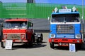 Two Classic Volvo Trucks at Logistics Transport 2015 Royalty Free Stock Photo