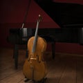 Two classical instruments - the cello and the grand piano - on a stage waiting for their musicians before a recital Royalty Free Stock Photo