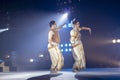 Two Classical Odissi dancers male and female performing Odissi Dance on stage at Konark Temple, Odisha, India. Royalty Free Stock Photo