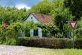 Two clear road signs in front of small suburban family house completely overgrown with various plants and trees