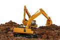 Two Clewer excavator digging a construction site isolated on white background. Royalty Free Stock Photo