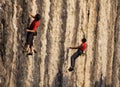Two climber practicing alpinism on vertical stone wall Royalty Free Stock Photo