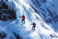 Two Climbers Ascend a Snowy Mountainside with Icicles Royalty Free Stock Photo