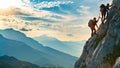 Two Climbers Ascending a Steep Mountain Face, Hiker aiding a friend in their mission to scale a daunting mountain