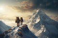 Two climbers climb the peak of a snow covered mountain. Generative AI