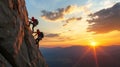 Two climbers conquer a rocky cliff at sunset, demonstrating teamwork and unwavering determination Royalty Free Stock Photo