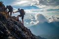 Two climbers fearlessly ascend a steep mountainside, defying gravity and embracing the thrill of the journey, Helping hand towards Royalty Free Stock Photo