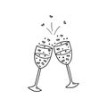 Two clink glasses with champagne sparkling with hearts love bubbles cheers in black isolated on white background. Hand drawn Royalty Free Stock Photo