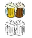 Two clink glasses with light and dark beer with foam cheers isolated on white background. Hand drawn vector sketch illustration in Royalty Free Stock Photo