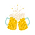 Two clinking beer mugs. Simple vector illustration. Glasses with cold foam drink. Oktoberfest - ale, lager, gold and Royalty Free Stock Photo