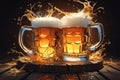 two clinking glass mugs with golden beer and foam on a wooden table with splashes