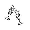 Two clinking glasses with sparkling wine, champagne and vices of love in black isolated on white background. Hand drawn vector Royalty Free Stock Photo