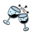 Two clinking glasses with wine. Colored vector icon. Hand drawn doodle isolated on white. Cheers, champagne cups sparkle Royalty Free Stock Photo