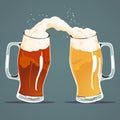 Two clinking toasting beer mugs of different colored beer with splashed foam Royalty Free Stock Photo