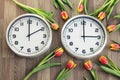 Two clocks, one showing two o\'clock, the other showing three o\'clock. Tulips around the second one. Royalty Free Stock Photo