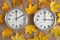 Two clocks, one shows two o\'clock, the other shows three o\'clock. Yellow fallen autumn leaves lie around. Royalty Free Stock Photo