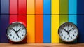 Two clocks on a wooden table with a rainbow background, AI