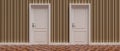 Two closed doors against vintage wallpaper and wooden floor background, banner. 3d illustration Royalty Free Stock Photo