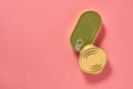 Two closed packagings of canned food on pink background. Top view