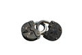 Two closed padlocks connected together, isolated on a white background with a clipping path.