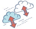 Two cloud icons with red arrows indicating data transfer and network connection concept illustration Royalty Free Stock Photo