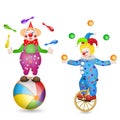 Two clowns with ball and unicycle Royalty Free Stock Photo