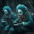 Dark Cyan Clowns On Hammock: A Haunting Portraiture In Cranberrycore Style Royalty Free Stock Photo