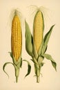 Two cobs of corn, comparative illustration uniform background. Corn as a dish of thanksgiving for the harvest