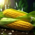 Two cobs of corn in a green leaf, and on them drops of dew, water. Corn as a dish of thanksgiving for the harvest Royalty Free Stock Photo