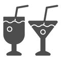 Two cocktail glasses solid icon. Different beverages vector illustration isolated on white. Drinks glyph style design Royalty Free Stock Photo