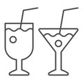 Two cocktail glasses thin line icon. Different beverages vector illustration isolated on white. Drinks outline style Royalty Free Stock Photo