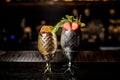 Two fresh cocktails in the pineapple form cups with strawberries and mint and berries and orange Royalty Free Stock Photo